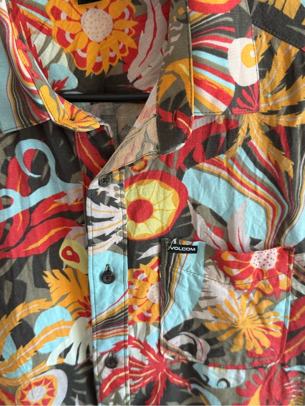 Volcom Men’s Floral Button-Down Shirt - Red, Yellow, Blue, Black